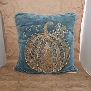 HARVEST MOON Pumpkin Throw Pillow 17x17 Embroidered Beaded Fall Decor Green Gold